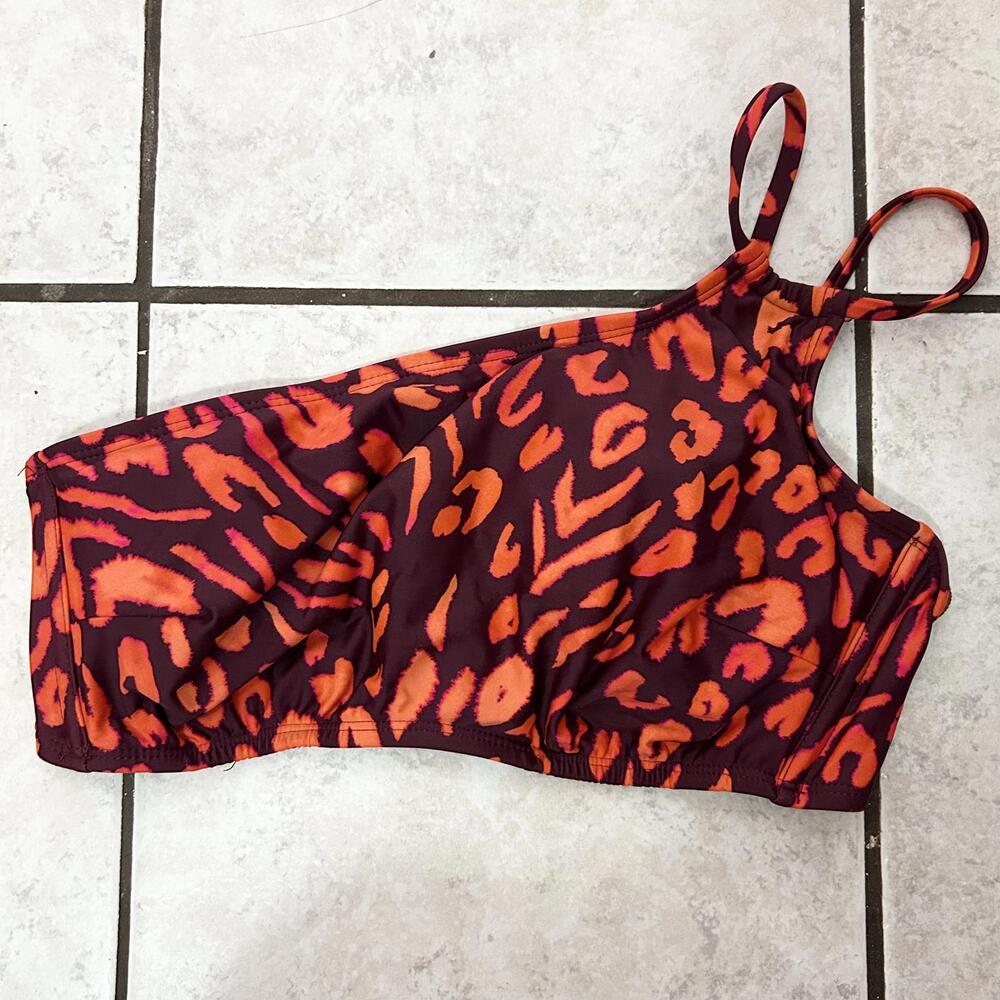Shade & Shore Red Orange Leopard Animal Print One Shoulder Bikini Top Women's XL